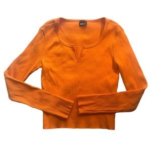 GINA TRICOT Bright Orange Ribbed Long Sleeve Crop with Scoop Neck V Cut Detail